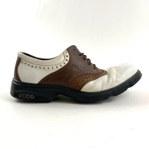 ECCO Mens Oxford Golf Shoes White Brown Leather Saddle Spikes Size US 9 EUR 43 - Picture 1 of 12
