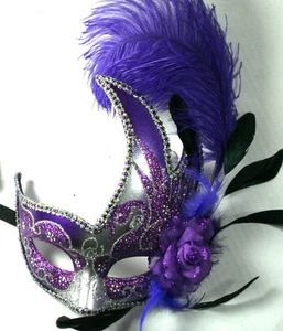 Feather Venetian Masquerade Costume Ball Prom Party Wedding Silver Purple Mask - Picture 1 of 1