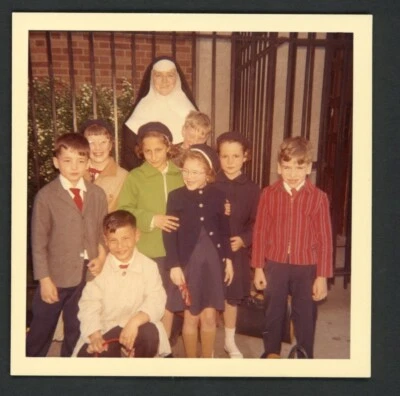 Smiling Nun with Group of School Children Habit Catholic Photo Snapshot 1960s - Image 1 of 2