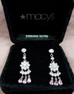 Sterling Clear and Pink CZ Cubic Zirconia Dangling Earrings - Picture 1 of 7
