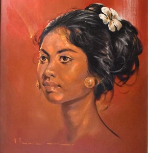 Impresionante retrato de una hermosa mujer asiática MCM pintura al óleo original años 50 - Imagen 1 de 7