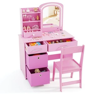 Kids Vanity Set Princess Makeup Desk and Chair with Mirror and Lights Open - Picture 1 of 8