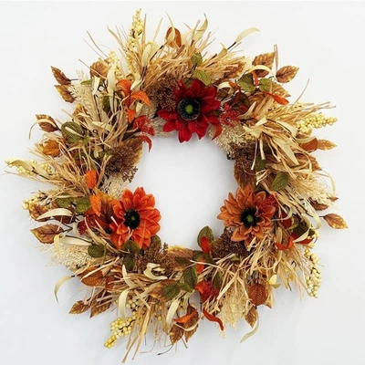 Fall Wreaths for Front Door, 24 inch Autumn Wreath with Sunflowers, Raffia, Berr - Image 1 of 4