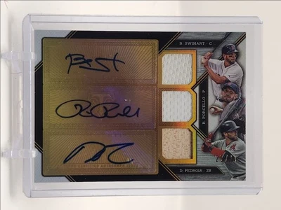 RICK PORCELLO DUSTIN PEDROIA 2016 TOPPS TRIPLE THREADS PATCH AUTO /27 Q4408 - Image 1 of 2