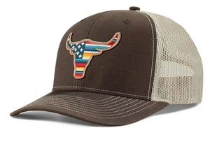 Ariat Western Mens Cap Baseball Hat Mesh Patch Bull Skull Flag Brown A300046002 - Picture 1 of 2