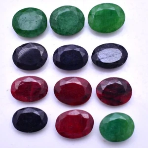 12 Pcs Natural Red Ruby Green Emerald & Blue Sapphire Oval Faceted Cut Gemstones - Picture 1 of 3