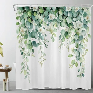 Juego de Cortina de Ducha Planta Flor Blanca Hoja Verde Eucalipto para Decoración de Baño - Imagen 1 de 16