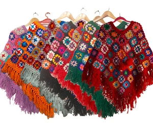 Handknitted Patchwork Wool Colourful Floral Crochet Poncho Wrap:Clearance - Picture 1 of 20