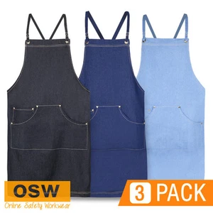 3 X HOSPITALITY CAFE KITCHEN CROSS BACK BIB DENIM STYLE APRONS - NAVY/BLACK/BLUE - Picture 1 of 5