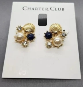 Charter Club Gold Tone Navy White Bead Clear Crystal Shell Stud Earrings $24.50 - Picture 1 of 7