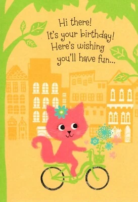 Feliz Cumpleaños Rosa Gatito Gatito Gato Bicicleta Sello Tarjeta de Felicitación Foto 1 de 3