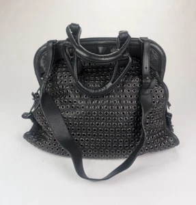 RARE GIVENCHY Black Leather Shopper Weekender Tote Bag Rivet Studded Grommets - Picture 1 of 20