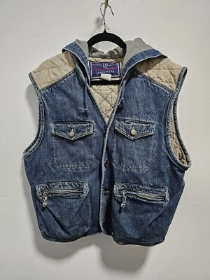 Vintage 90s GAP Denim Quilted Hooded Vest Button Front-Zip Pockets-Men's size M — 第 1/4 张图片