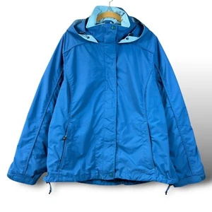 L.L. Bean Jacket Womens Sz L Blue Drawstring Hideaway Hood Full Zip Windbreaker - Picture 1 of 10