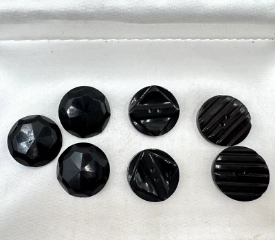 MISMATCHED LOT OF 7 OLD CARVED MOLDED RETRO BUTTONS SHINY BLACK ROUND PLASTIC GL - Image 1 of 4