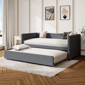 Modern Style Twin Size Upholstered Daybed with Trundle for Guest Room, Small Bed - Picture 1 of 8