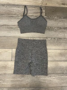 NWT Grey Seamless Workout Set-Spaghetti Strap Sports Bra & High-Waisted Shorts - Picture 1 of 5