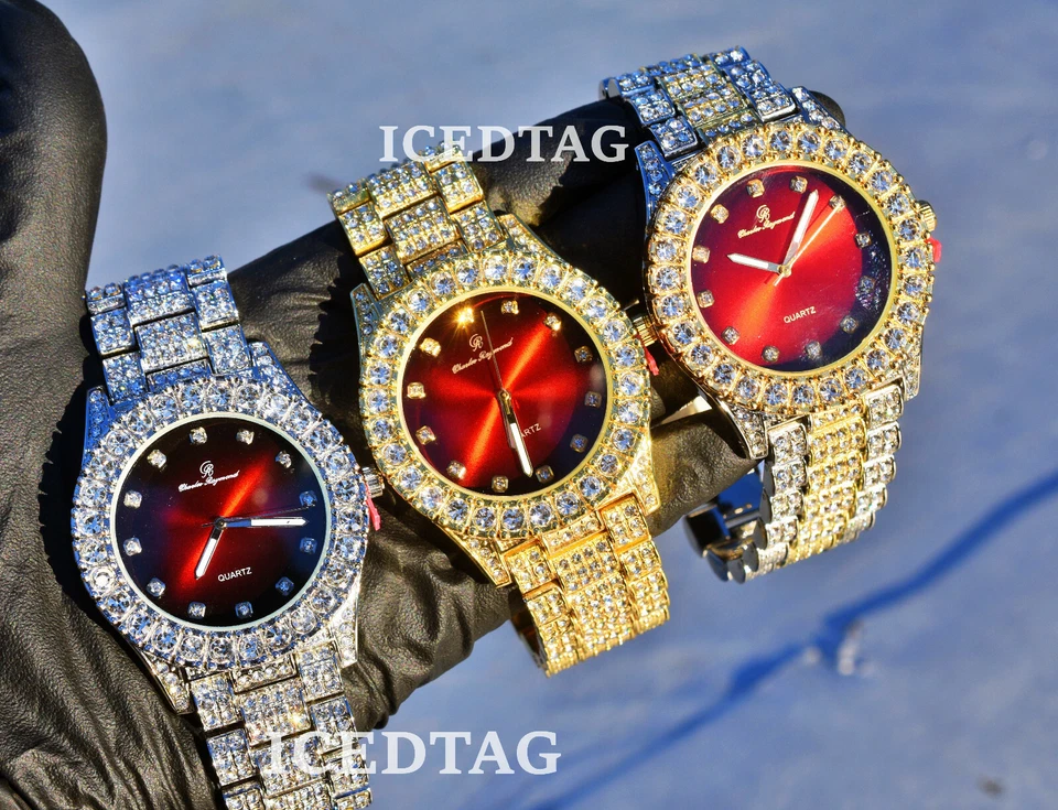 RELOJ HIP HOP HELADO BLING-ED OUT RAPERO LABORATORIO DIAMANTE HOMBRE ESFERA SOLITARIO BANDA METÁLICA Foto 1 de 1