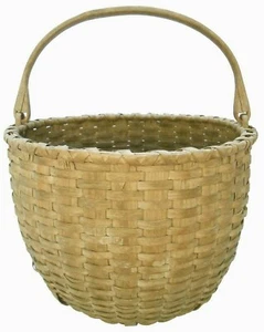 SCARCE 19TH C NEW ENGLAND ANTIQUE SPLNT ASH GTHRNG BASKET W/CRVD PIVOTING HANDLE - Picture 1 of 12