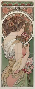 Panel de cerámica mural/mosaico de azulejos de Alphonse Mucha La Primevère - mural de azulejos - Imagen 1 de 3