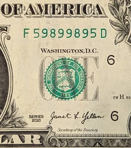 2021 $1 bill fancy serial, complete trinary radar (palindrome,) F 59899895 D - Picture 1 of 6