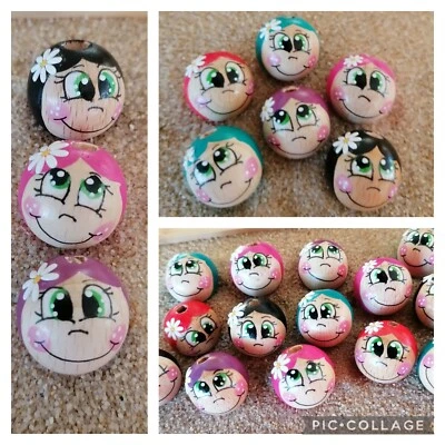 10x handbemalte Holzkugeln " Blumenmädchen " , 20mm, mit Loch, zum Basteln - Bild 1 von 3