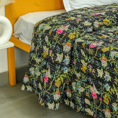 Indian Floral Print Black Bedspread King Size Cotton Kantha Quilt Throw Blanket - Image 1 of 4