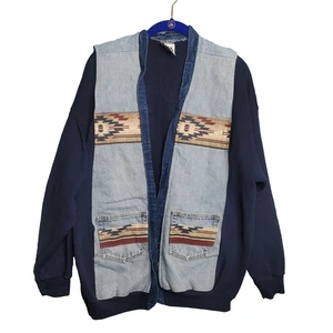 Suéter Hecho a Mano Denim Southwestern Etiqueta Tultex 2XL Bolsillos Frente Abierto Algodón Pol - Imagen 1 de 3