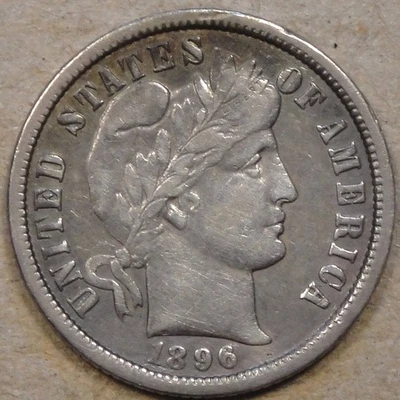 Монета номиналом 10 центов 1896 O Barber Dime XF Borderline XF Cleaned at some Time как на фото L2 - Изображение 1 из 2