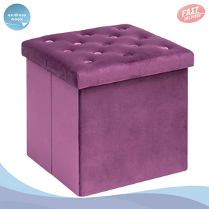 Velvet Tufted Folding Storage Ottoman Cube with Lid – Purple - Picture 1 of 8
