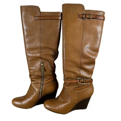 Botas Coach Femininas 6B Couro Marrom Bronzeado Sela Salto Cunha Adair Grão Seixo - Imagem 1 de 4