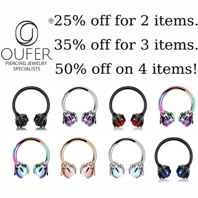 Claw Septum Ring 16G Surgical Steel Circular Horseshoe Helix Cartilage Piercing - Image 1 of 4