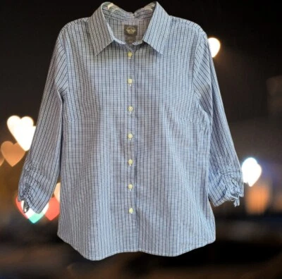 Dockers 女式上衣衬衫纽扣前 3/4 袖抽绳蓝色格子 L 码 — 第 1/4 张图片