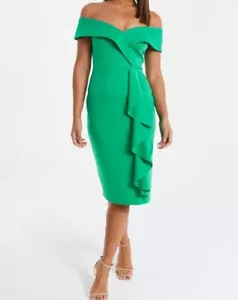 RRP £35, SIZES 8-18, NEW QUIZ Green Scuba Bardot Frill Midi Dress - Picture 1 of 2