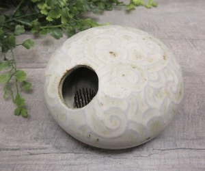 Ceramic Ikebana Vase Round Flat Swirls Pattern Floral Flower Frog Beige Cream - Picture 1 of 10