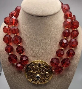 Retro CHERRY RED Lucite Bead Necklace Filigree Medallion Pendant Signed MWS - Picture 1 of 7