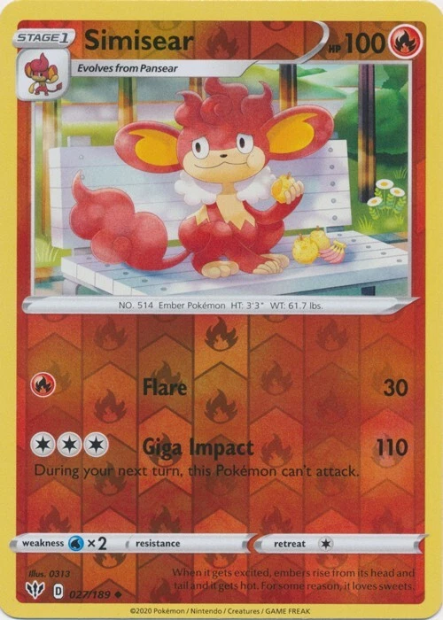 Reverse Holo Simisear Uncommon 027/189 Darkness Ablaze Pokemon TCG - Image 1 of 1