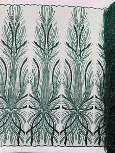 Hunter Green Embroidery Beaded Fabric By Yard, Sequin on a Mesh with Floral Lace - Picture 1 of 4