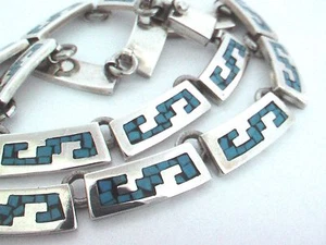 Taxco Mexikanische 925 Sterling Silber Tribal Motiv Türkis Inlay Halskette. 88g,16" - Bild 1 von 11