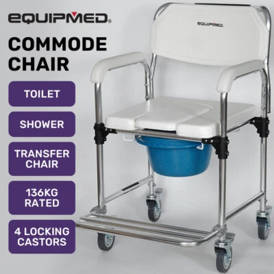 EQUIPMED Commode Shower Chair Over Toilet Bedside Wheels Elderly Disabled Potty - image 1 of 4