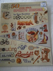 1991 50 Cross Stitch Sports Designs Pattern Book Soccer Football Baseball Tennis - Picture 1 of 7