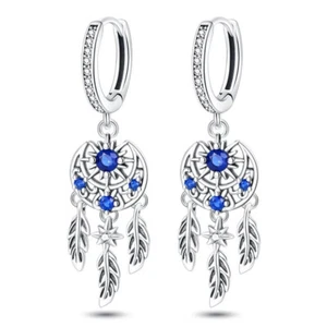 Crystal Dreamcatcher Earrings Minimal Earrings 925 Sterling Silver Hoop Earrings - Picture 1 of 1