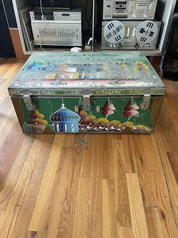 Vintage Hand Painted Suitcase Metal Trunk Bombay India w/ Keys mid century Cover