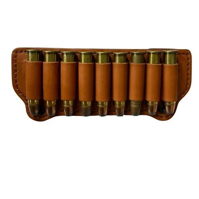 AFRICAN GAME INDUSTRIES, INC Leather 9 Rd RIFLE SHELL AMMO Cartridge BELT SLIDE POUCH 45-70 Govt -BRN BLK TAN