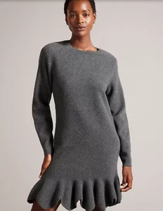 Ted Baker Jesseha Grey Mini Fit And Flare Knit Jumper Dress Size 0 (UK 6-8) NEW - Picture 1 of 19