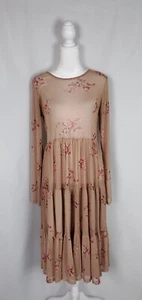 Womens Dress M Dark Nude Vintage Floral Mesh Long Sleeve Sheer Boho Romantic - Picture 1 of 16