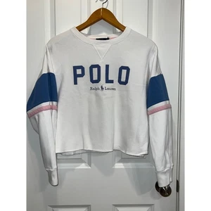 Polo Ralph Lauren Felpa Donna Bianco Blu Rosa Cropped Taglia L - Foto 1 di 7