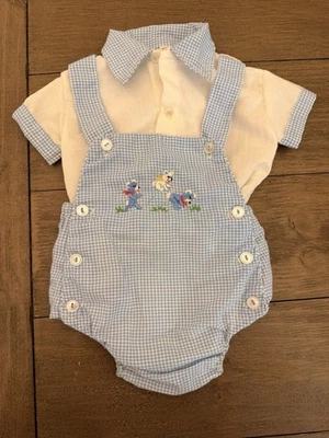 Macacão de fralda vintage Celanese Fortrel bebê azul Gingham capa parte inferior ursos roupa - Imagem 1 de 4