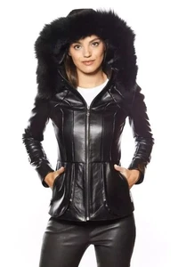 Women's Black Hooded Fur Leather Jacket| Genuine Soft Lambskin Slim Fit Jacket M - Picture 1 of 5