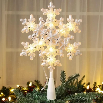 Brizled Silver Snowflake Tree Topper, 9" Christmas Tree Topper with 10 Warm Whit - Image 1 of 4